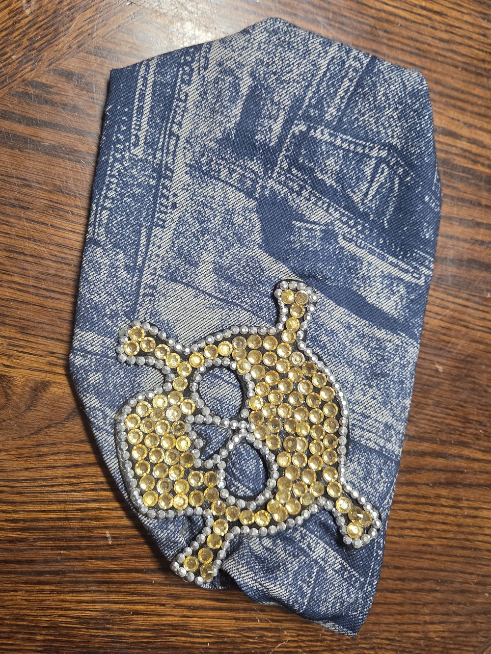 Headband Denim-Inspired Blue Hair Accessory with Gold Crystal Skull Accent